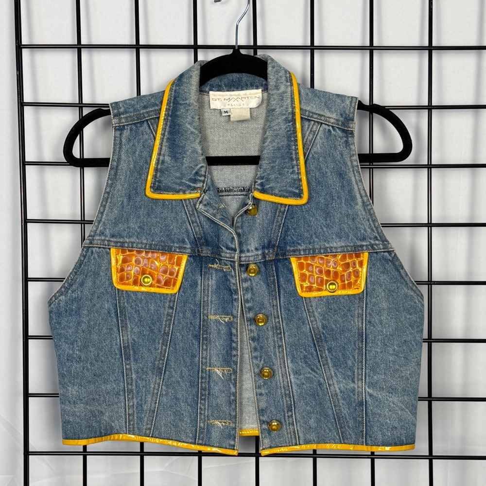 St. Maarten Dallas Denim Vest Womens Medium Wash Yellow Cropped Faux Leather